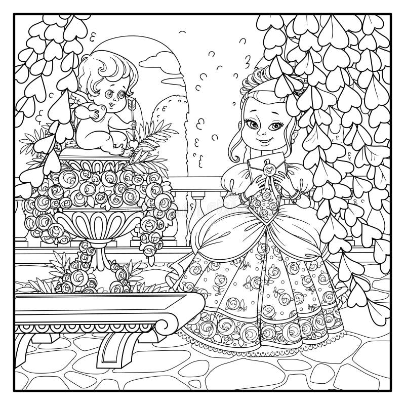 Schöne Prinzessin, die Buchstaben in der behaglichen Ecke Nähe Gartenmarmorvase mit einer Statue des Amors hält vektor abbildung