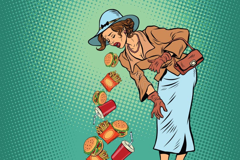 Schöne Retro- Frau, die Schnellimbiß sich erbricht lizenzfreie abbildung Schöne Retro- Frau, die Schnellimbiß sich erbricht lizenzfreie abbildung