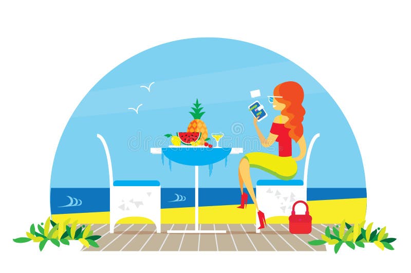 Schöne rote Haarfrau Stühle und Tabelle auf dem Terrassenbalkon Restaurant-Ansicht über das Meer Wässern Sie Landscape abendessen stock abbildung Schöne rote Haarfrau Stühle und Tabelle auf dem Terrassenbalkon Restaurant-Ansicht über das Meer Wässern Sie Landscape abendessen stock abbildung