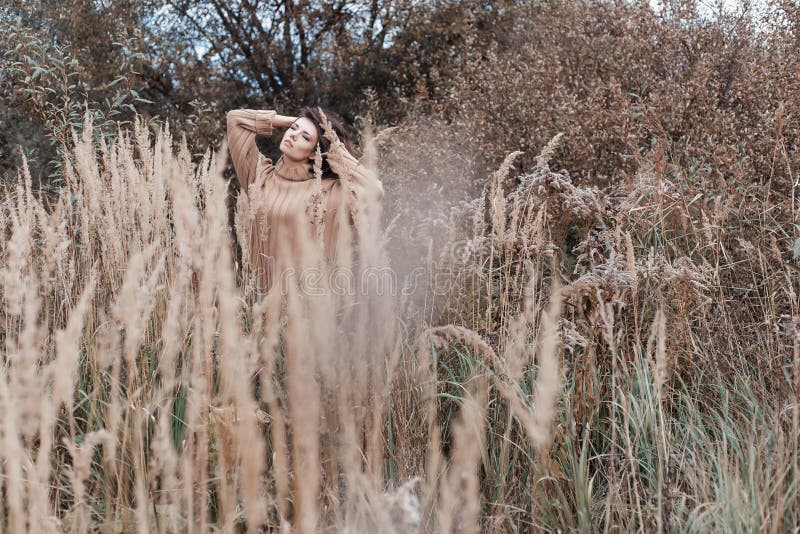 Schöne traurige nette attraktive Frau in einer beige Strickjacke weit auf einem Gebiet des trockenen Grases am kalten bewölkten T stockfotografie