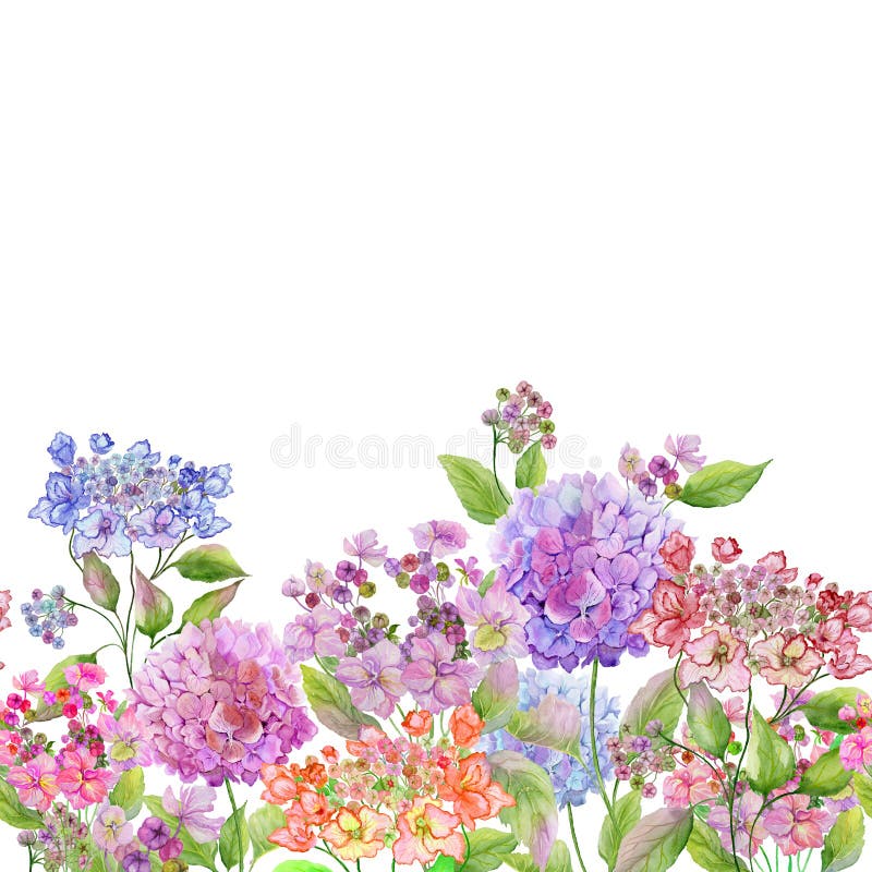 Schöne weiche Hortensieblumen auf weißem Hintergrund Quadratische Schablone Nahtloses Blumenmuster Adobe Photoshop für Korrekture stock abbildung