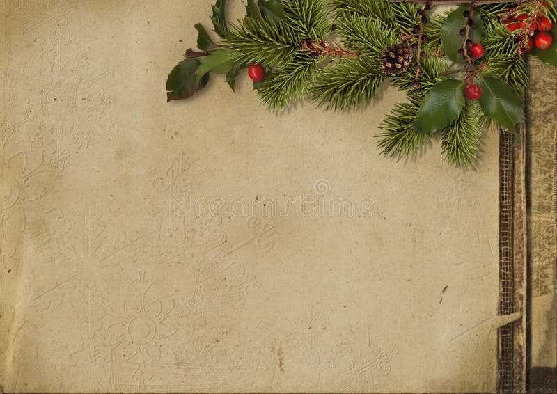 Schöne Weihnachtsbaumabbildung Baumast und Stechpalme auf Schmutzpapier lizenzfreie stockbilder Schöne Weihnachtsbaumabbildung Baumast und Stechpalme auf Schmutzpapier lizenzfreie stockbilder