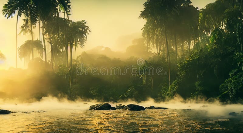 Schöner Amazonasfluss mit Nebel in schönem Sonnenaufgang lizenzfreie abbildung