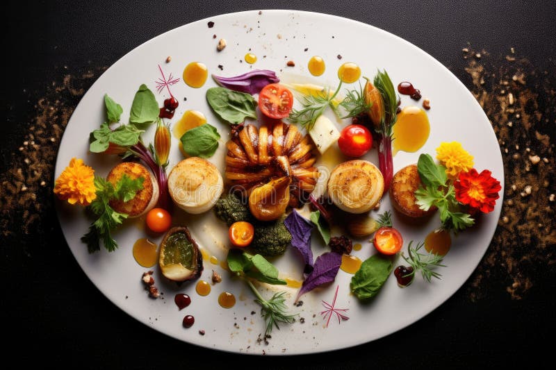 Schöner Ausblick auf das köstlich dekorierte Restaurant. Haute Cuisine stock abbildung
