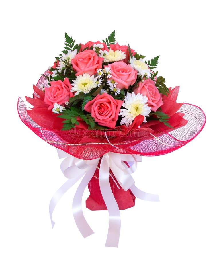 Schöner Blumenstrauß von Rosen und von Gänseblümchen blüht mit rotem Masche wra lizenzfreie stockbilder Schöner Blumenstrauß von Rosen und von Gänseblümchen blüht mit rotem Masche wra lizenzfreie stockbilder
