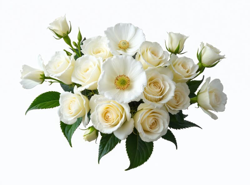 Schöner Bouquet mit weißen Rosen Eustoma Blumen. Anordnung isoliert auf weißem Hintergrund. Roses eustoma blüht frisch. vektor abbildung