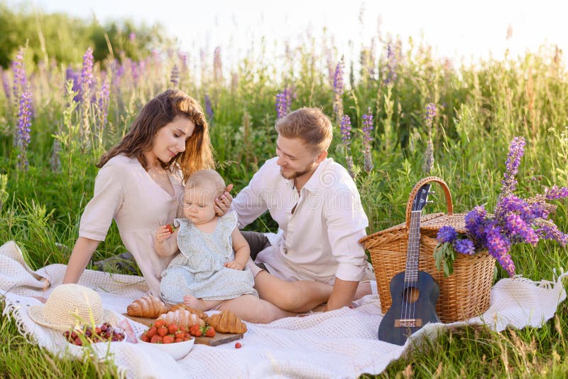 Schöner junger Familienvater und Mutter mit einem kleinen Mädchen, das auf einem Picknick sitzt. Schöne kaukasische junge Familienvater und Mutter mit einem kleinen Mädchen, das bei Sonnenuntergang auf einem Feld von Lupinen auf einem Picknick sitzt