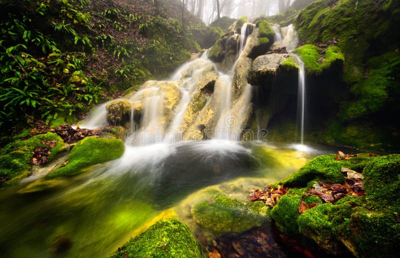 Schöner Landschaftswasserfall Rumäniens in im Wald und natürlichen dem Naturpark Cheile Nerei lizenzfreies stockfoto
