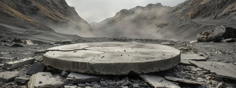 Schöner ovaler Marmorboden auf Bergkulisse. Ovale Steinstruktur auf zerklüftetem Gebirgsgelände, umgeben von Felsschutt. Die Oberfläche scheint verwittert und zerrissen, harmonisiert mit der trostlosen grauen Landschaft. Zackenspitzen steigen im Hintergrund teilweise in Nebel ummantelt und verleihen ihm eine atmosphärische Note. Die dunklen Farben des Geländes schaffen eine natürliche Umgebung.