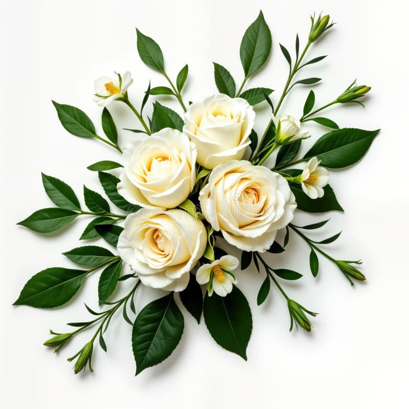 Schönes Bouquet-Arrangement mit weißen Rosen Eustoma Blumen. Elegante Blumenkomposition auf weißem Hintergrund. Frische Blumen lizenzfreie abbildung