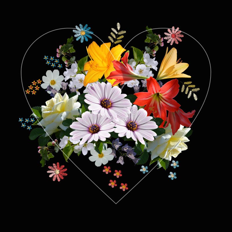 Schönes Bouquet mit bunten Blumen in Form eines Herzens Kann für Gruß- und Einladungskarten, Hochzeiten verwendet werden vektor abbildung Schönes Bouquet mit bunten Blumen in Form eines Herzens Kann für Gruß- und Einladungskarten, Hochzeiten verwendet werden vektor abbildung