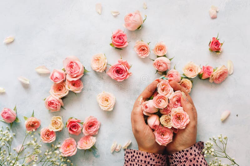 Schönes Bündel der Holding der Frau HandMinirosen stockfotografie Schönes Bündel der Holding der Frau HandMinirosen stockfotografie