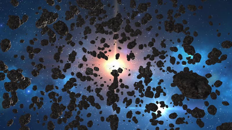 Schönes Fliegen durch den Asteroidengürtel im Weltraum Der Zusammenstoß von Asteroiden, hyperspace