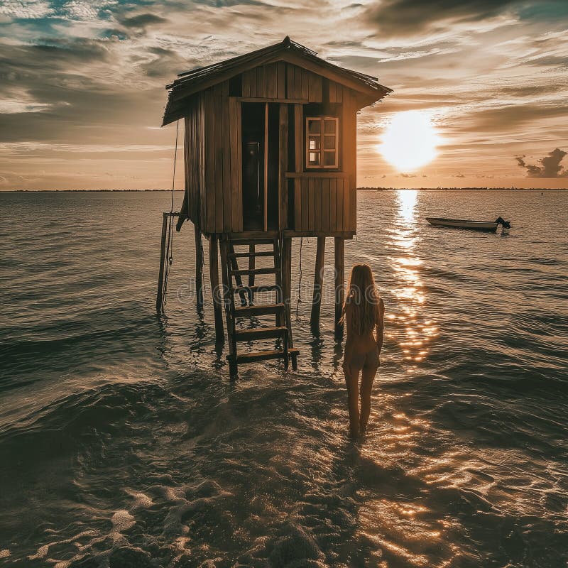 Schönes Holzhaus auf Pfählen am Meer bei Sonnenuntergang mit einer Person durch das Wasser. Generative AI stock abbildung