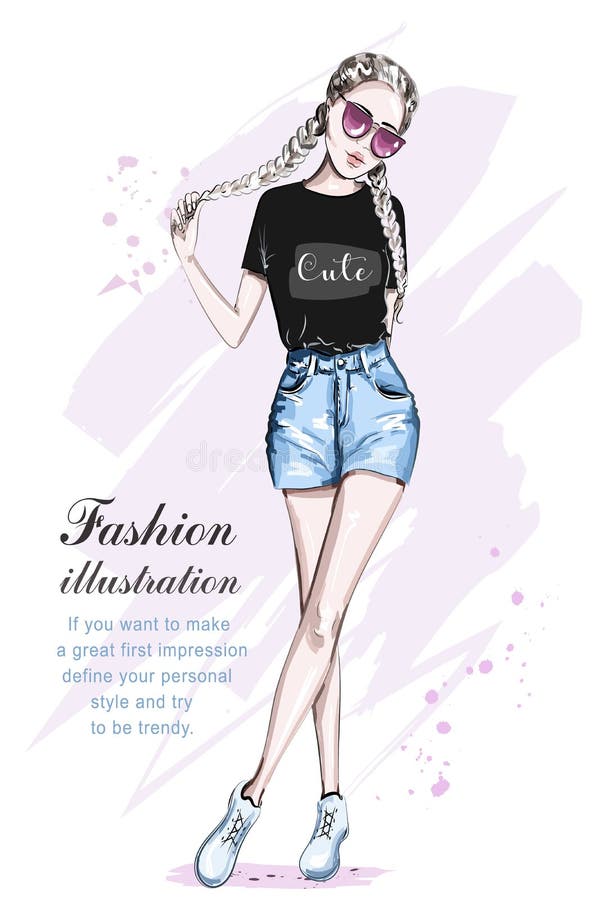 Beautiful young girl in stylish crop top. Hand drawn fashion woman with creative braid hairstyle. Cute girl in fashion clothes. Sketch. Vector illustration. Beautiful young girl in stylish crop top. Hand drawn fashion woman with creative braid hairstyle. Cute girl in fashion clothes. Sketch. Vector illustration.