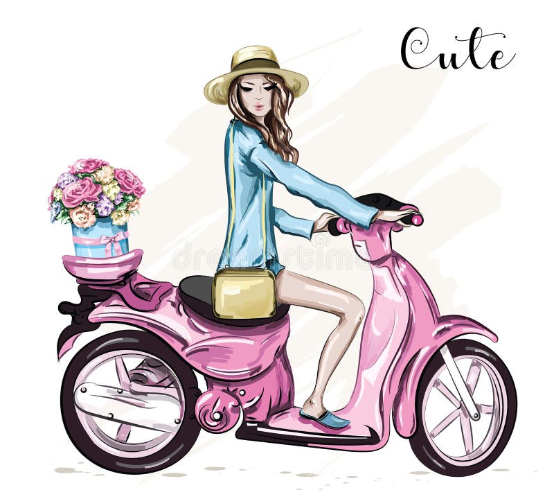 Beautiful young girl in hat with cute pink scooter. Girl scooter with flower box. Sketch. Vector illustration. Beautiful young girl in hat with cute pink scooter. Girl scooter with flower box. Sketch. Vector illustration.