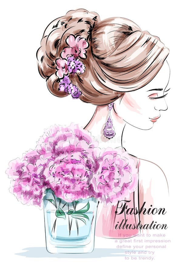 Schönes junges Mädchen mit Blumen Modefrau mit schöner Frisur skizze vektor abbildung Schönes junges Mädchen mit Blumen Modefrau mit schöner Frisur skizze vektor abbildung