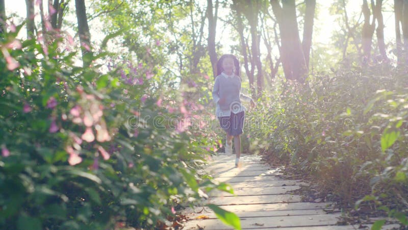 Schönes kleines asiatisches Mädchen, das im Park durch Blumenfelder läuft