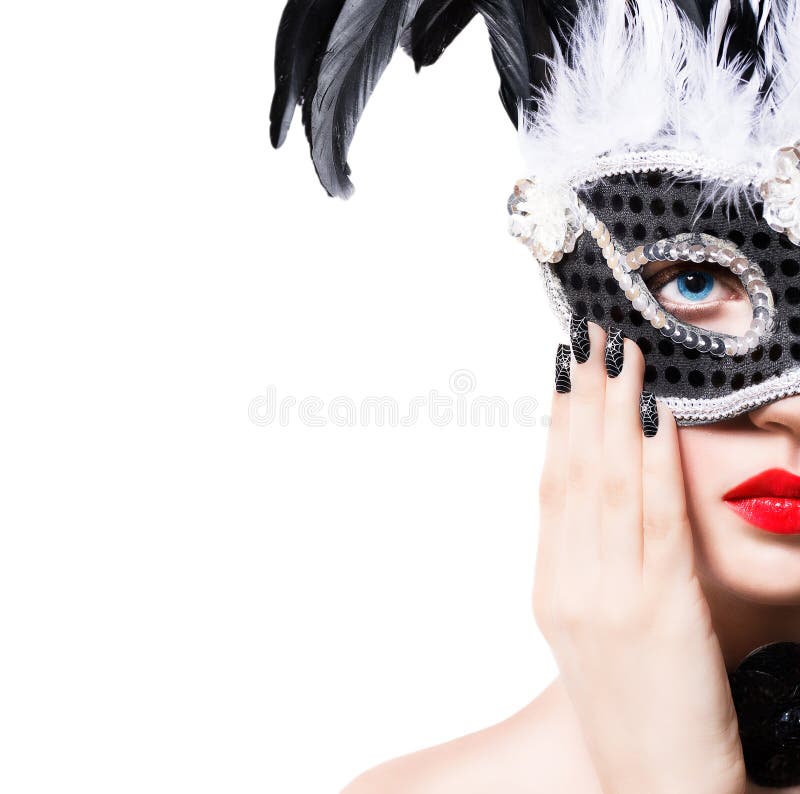 Beautiful girl in black carnival mask with manicure on white background. Beautiful girl in black carnival mask with manicure on white background