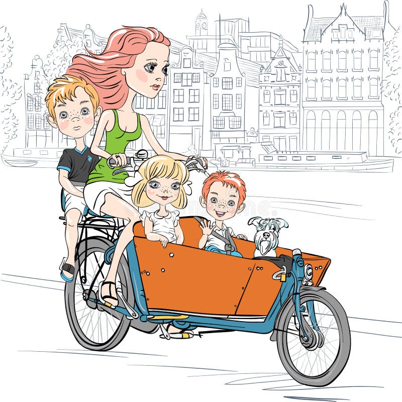 Schönes Mädchen des Vektors trägt Kind auf dem Fahrrad in Amsterdam