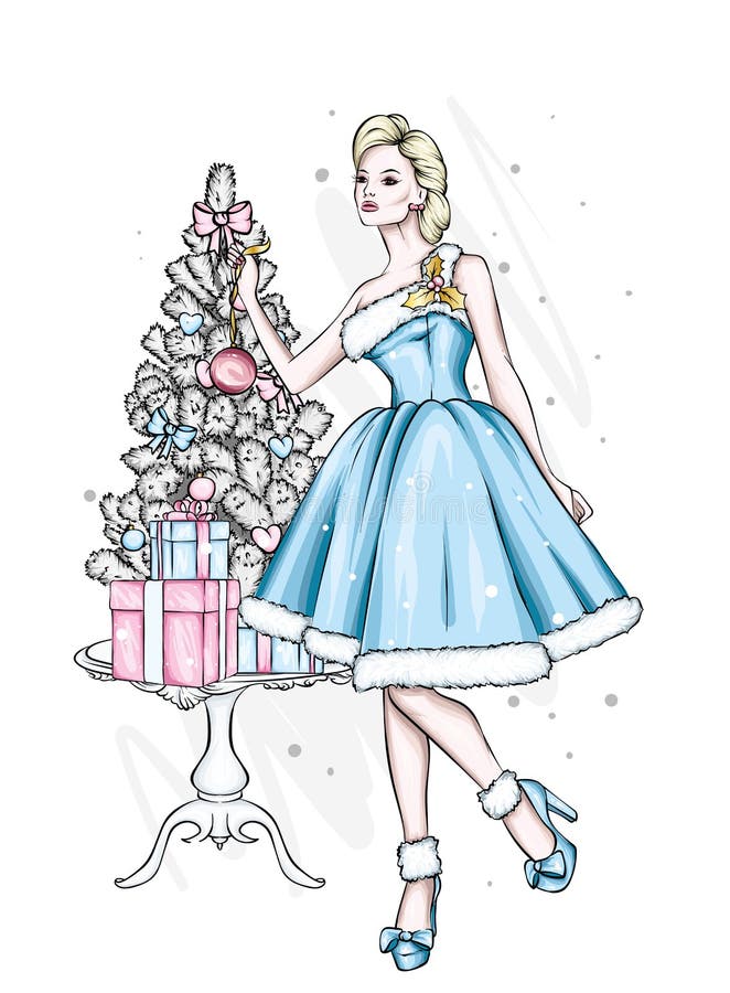 Schönes Mädchen im Abendkleid Vector Illustration für eine Postkarte oder ein Plakat stock abbildung Schönes Mädchen im Abendkleid Vector Illustration für eine Postkarte oder ein Plakat stock abbildung