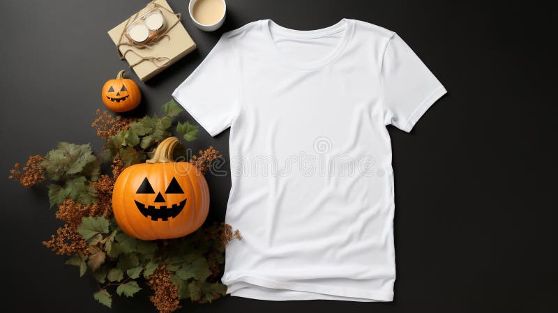 Schönes weißes Frauenhemd zwischen Mockup mit dunklen Kürbis und zarten Herbstblättern ai generiert stock abbildung
