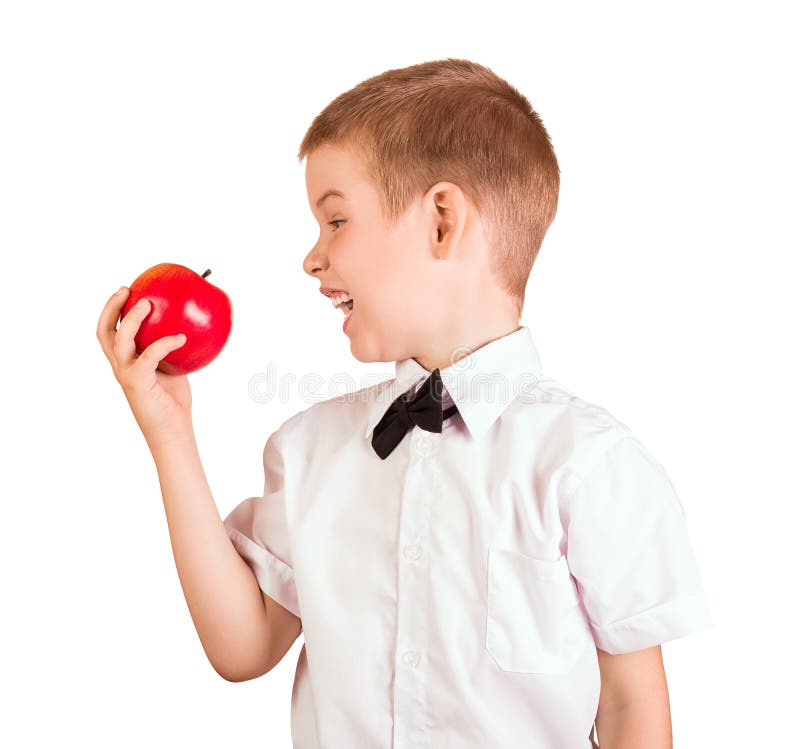 Schüler im Hemd mit Schmetterling möchte Apple essen, lokalisiert auf Weiß stockfoto Schüler im Hemd mit Schmetterling möchte Apple essen, lokalisiert auf Weiß stockfoto