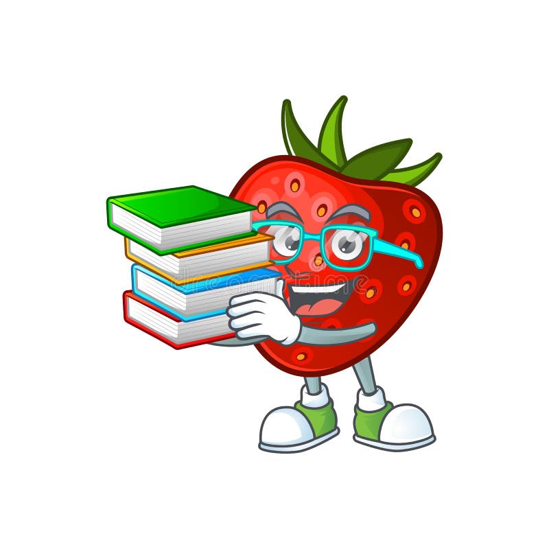 Schüler mit Buch-Cartoon-Charakter für Erdbeeren zum Nachtisch stock abbildung Schüler mit Buch-Cartoon-Charakter für Erdbeeren zum Nachtisch stock abbildung