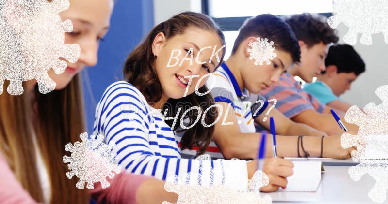Schüler schreiben mit Animation von Back to School und Schneeflocken Overlay stock video footage