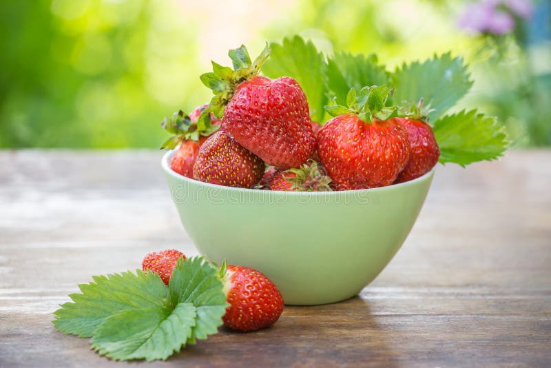 Schüssel frische reife Erdbeeren auf einem Holztisch im Garten draußen stockbild Schüssel frische reife Erdbeeren auf einem Holztisch im Garten draußen stockbild