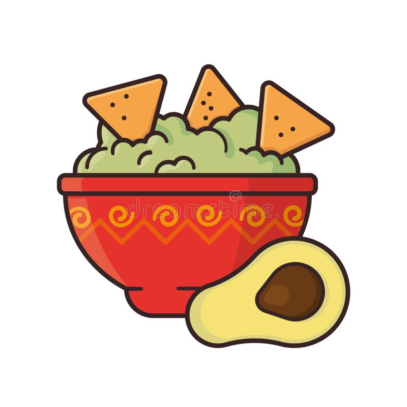 Schüssel Guacamole mit Tortilla-Chips und isoliertes Vektorillustration der Hälfte Avocado