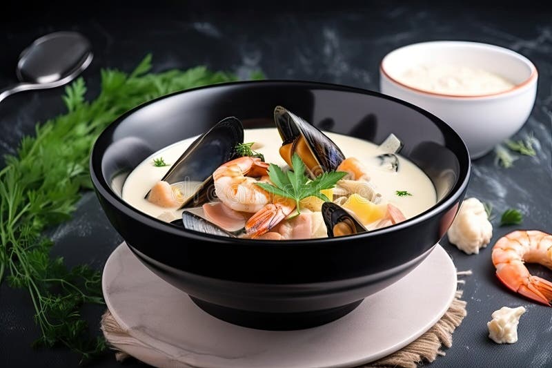 Schüssel mit cremiger Meeresfrüchte Suppe mit farbenfroher Mischung aus Muscheln und Garnelen vektor abbildung