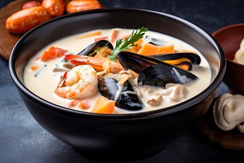 Schüssel mit cremiger Meeresfrüchte Suppe mit farbenfroher Mischung aus Muscheln und Garnelen stock abbildung
