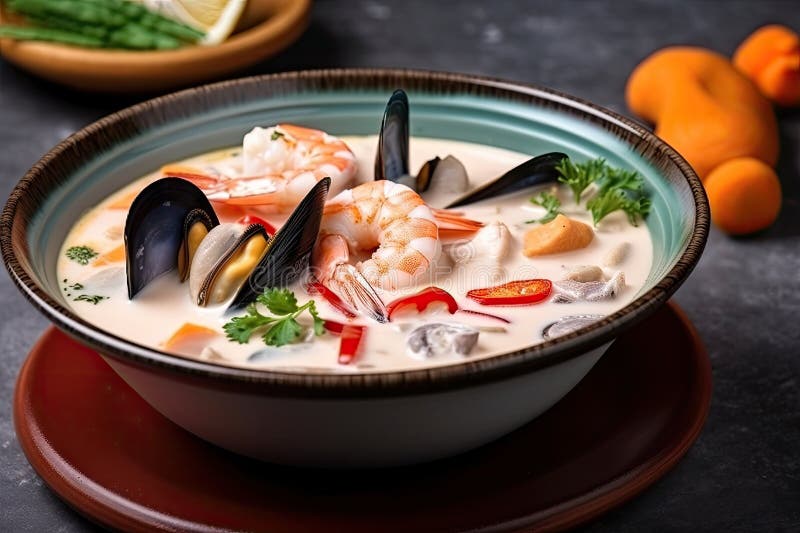 Schüssel mit cremiger Meeresfrüchte Suppe mit farbenfroher Mischung aus Muscheln und Garnelen lizenzfreie abbildung