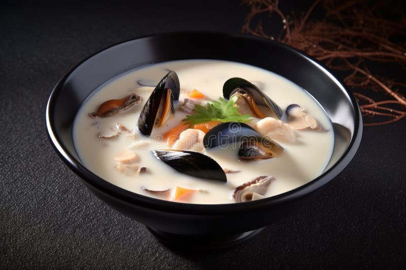 Schüssel mit cremiger Meeresfrüchte-Suppe mit Muscheln und Kalmar in der Schale lizenzfreie abbildung