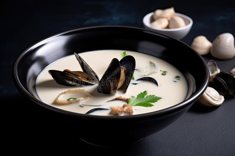 Schüssel mit cremiger Meeresfrüchte-Suppe mit Muscheln und Kalmar in der Schale stock abbildung
