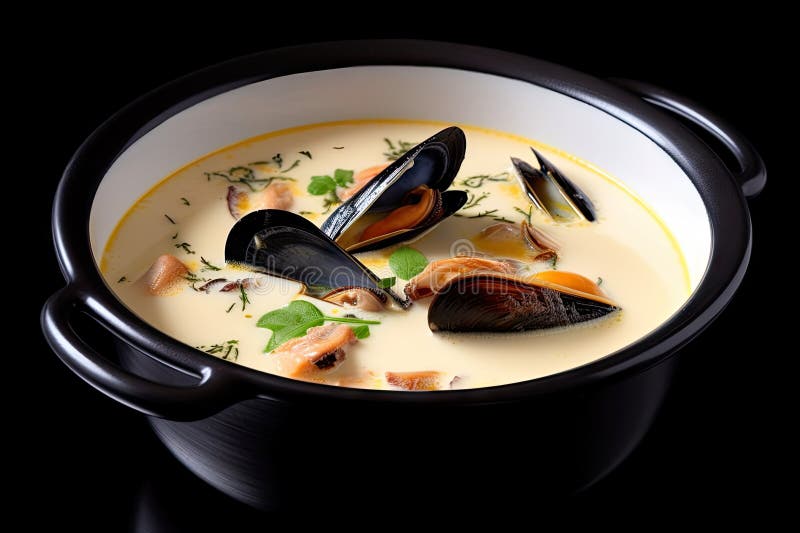 Schüssel mit cremiger Meeresfrüchte-Suppe mit Muscheln und Kalmar in der Schale vektor abbildung