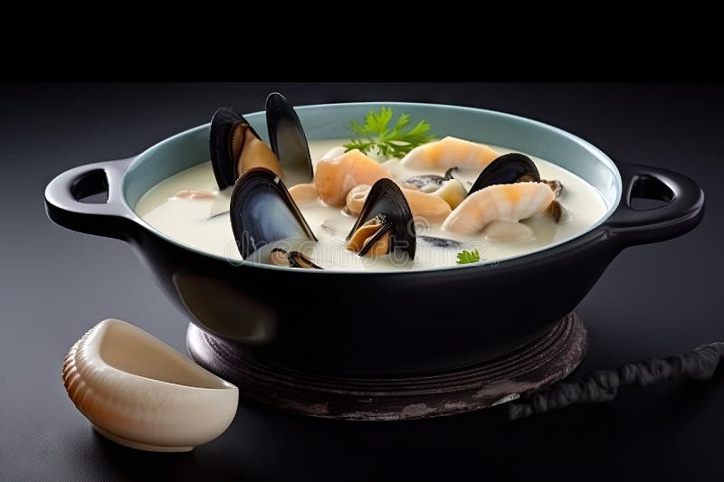 Schüssel mit cremiger Meeresfrüchte-Suppe mit Muscheln und Kalmar in der Schale stock abbildung