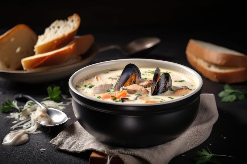Schüssel mit cremiger Meeresfrüchtesuppe mit Muscheln und Krabbenfleisch vektor abbildung