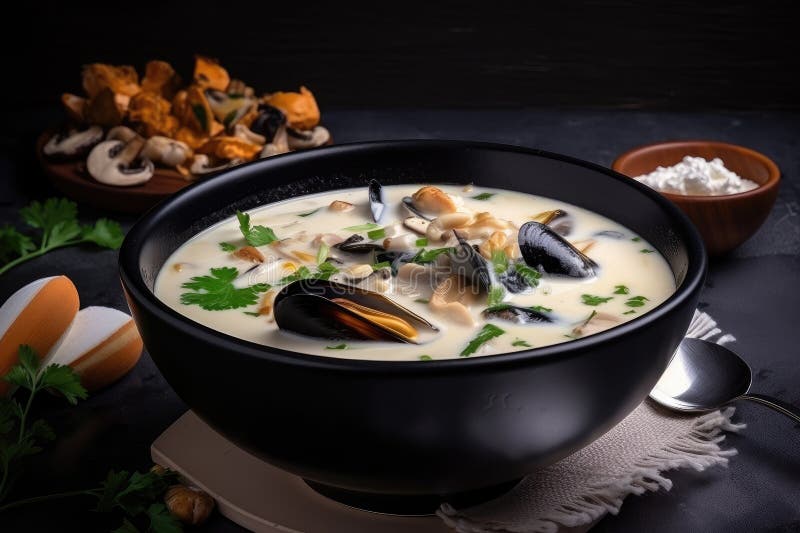 Schüssel mit cremiger Meeresfrüchtesuppe mit Muscheln und Krabbenfleisch vektor abbildung