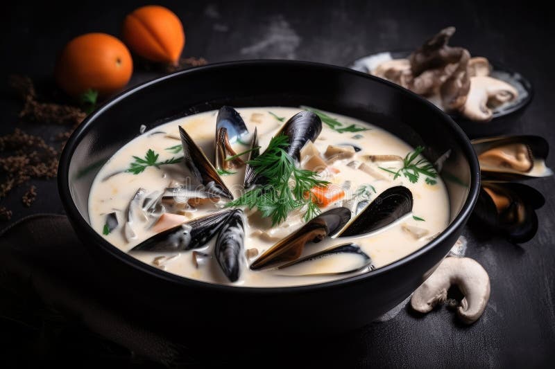 Schüssel mit cremiger Meeresfrüchtesuppe mit Muscheln und Krabbenfleisch vektor abbildung