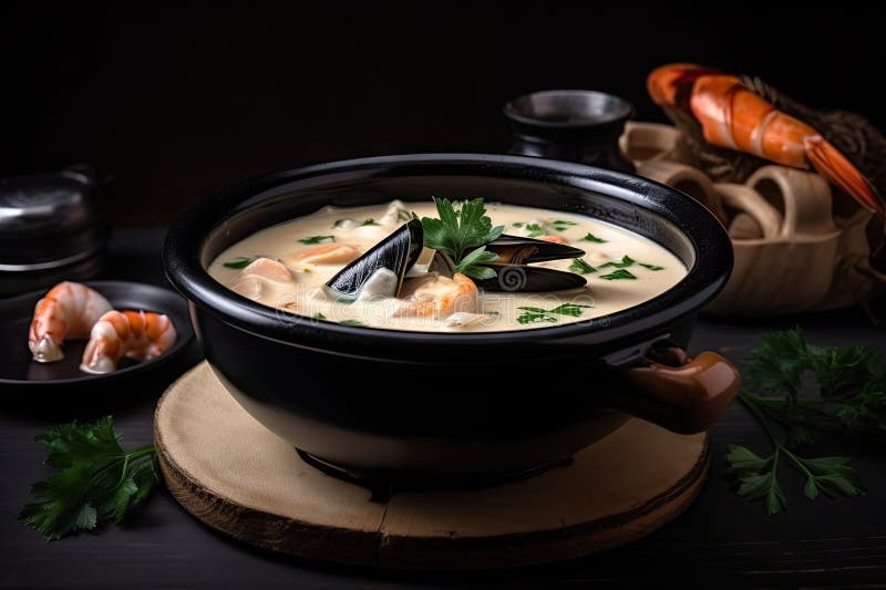 Schüssel mit cremiger Meeresfrüchtesuppe mit Muscheln und Krabbenfleisch vektor abbildung