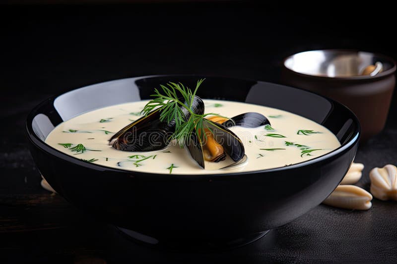 Schüssel mit cremiger Suppe mit Muscheln und frischen Kräutern lizenzfreie abbildung