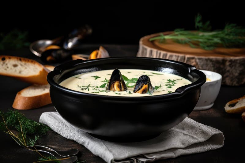 Schüssel mit cremiger Suppe mit Muscheln und frischen Kräutern stock abbildung