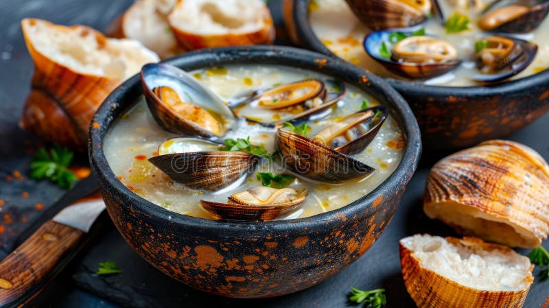 Schüsseln köstlicher cremiger Muscheln mit Muscheln Kartoffeln und frischen Kräuter auf einem rustikalen Tisch stock abbildung