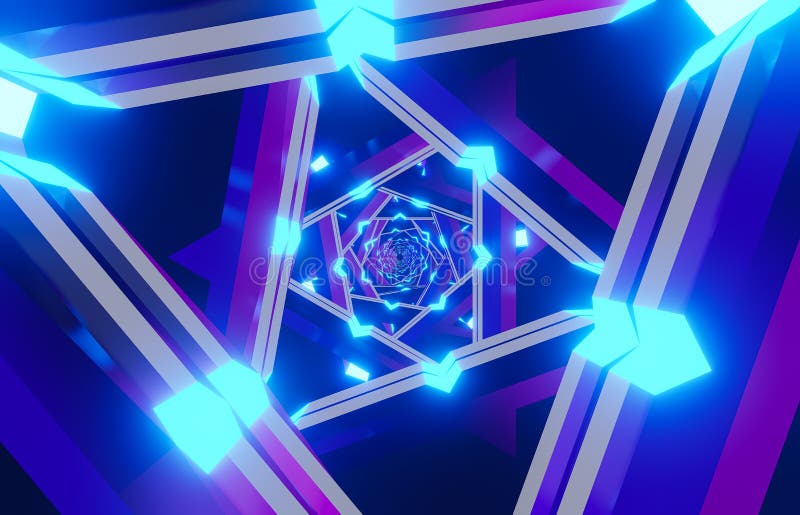 Sci-Fi abstract Advanced Technology Portal 3d rendering. Template of Triangle Neon glow blue-purple Tunnel Loop. Abstract flying stock illustration