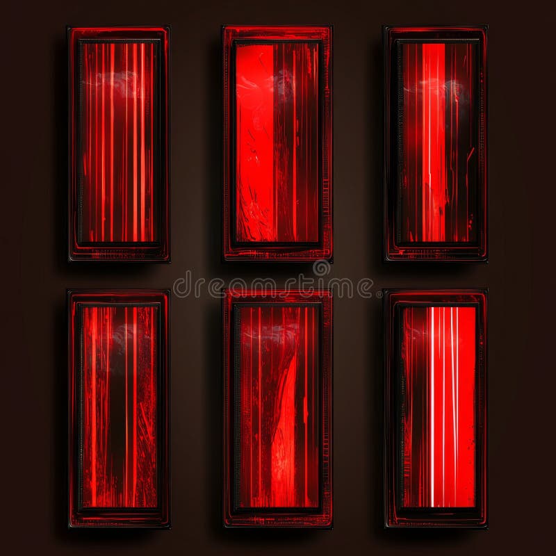 Sci-fi alert frames featuring thin, glowing red lines against a dark background, interconnected by digital circuit stock image