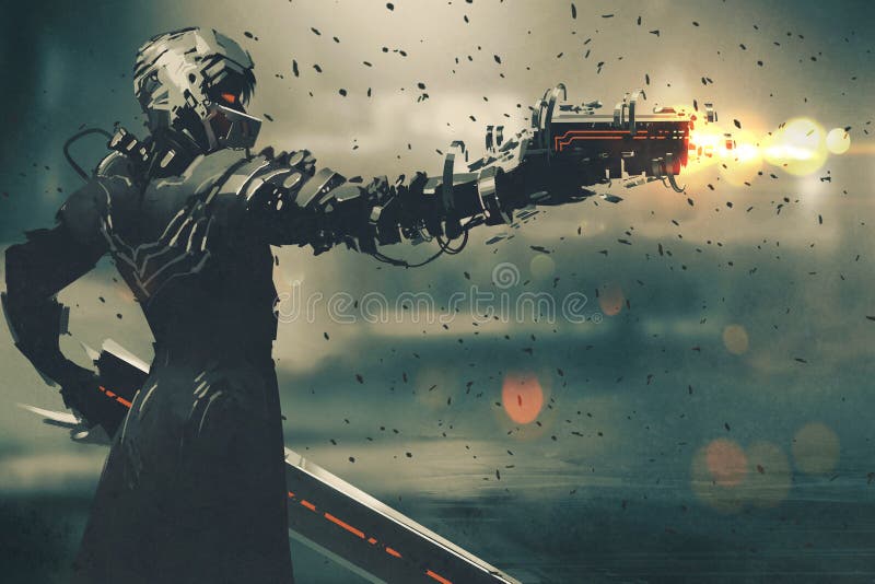 Sci-fi character in futuristic suit aiming weapon vector illustration