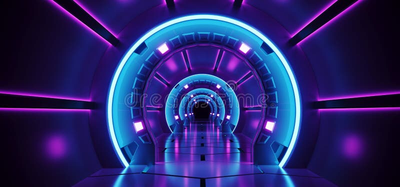 Sci-Fi Futuristic Abstract Gradient Blue Purple Pink Neon Glowing Circle Round Corridor On Reflection Concrete Floor Dark royalty free illustration