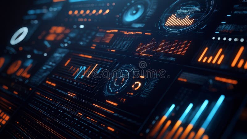 This sci-fi futuristic dashboard display features a large number of HUD and GUI elements designed for VR and UI royalty free stock photo